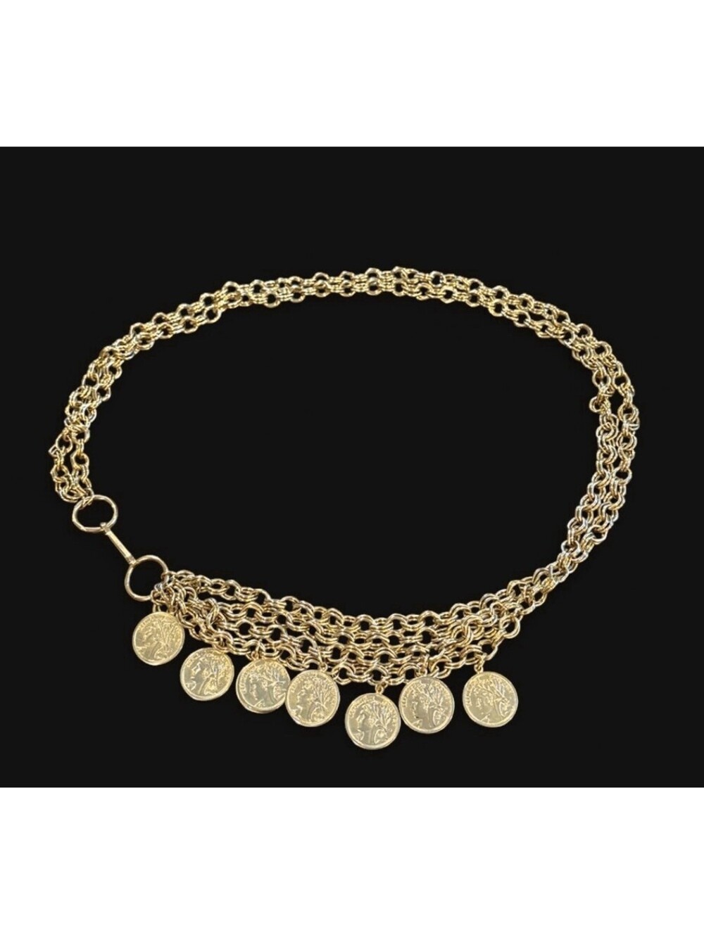 Republique Francaise Coins Swag Belt Necklace Gold Tone Chain Vintage 1970